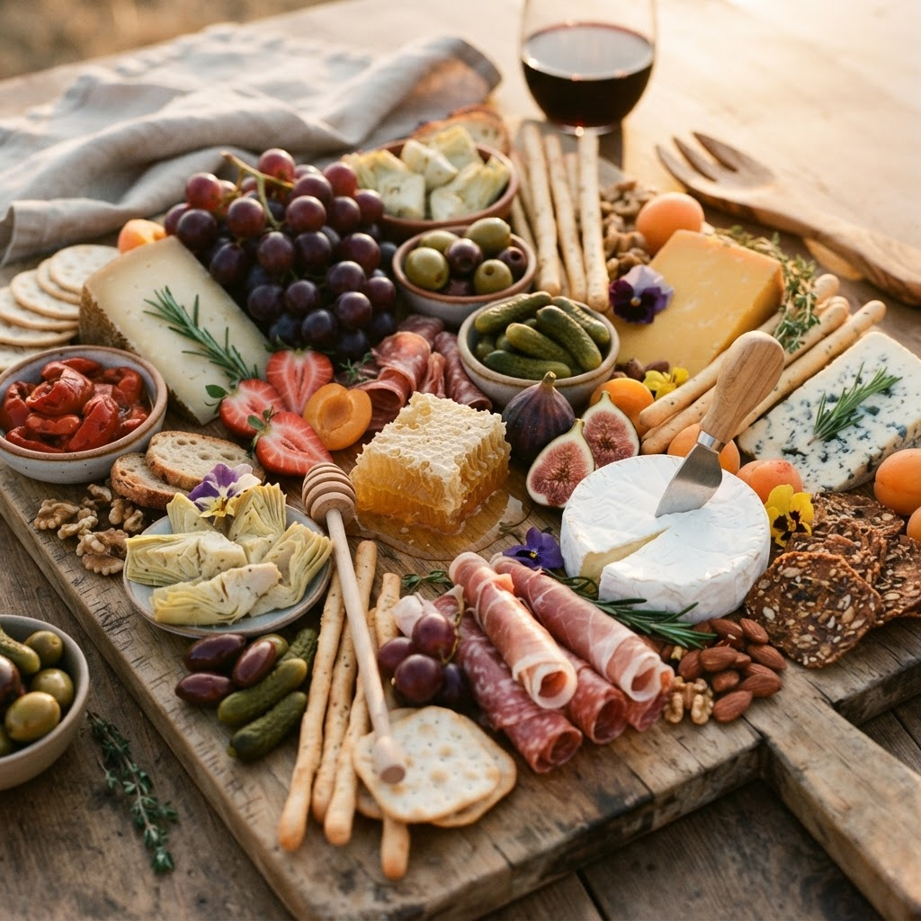 A beautifully arranged grazing platter with cheeses, fruits and charcuterie