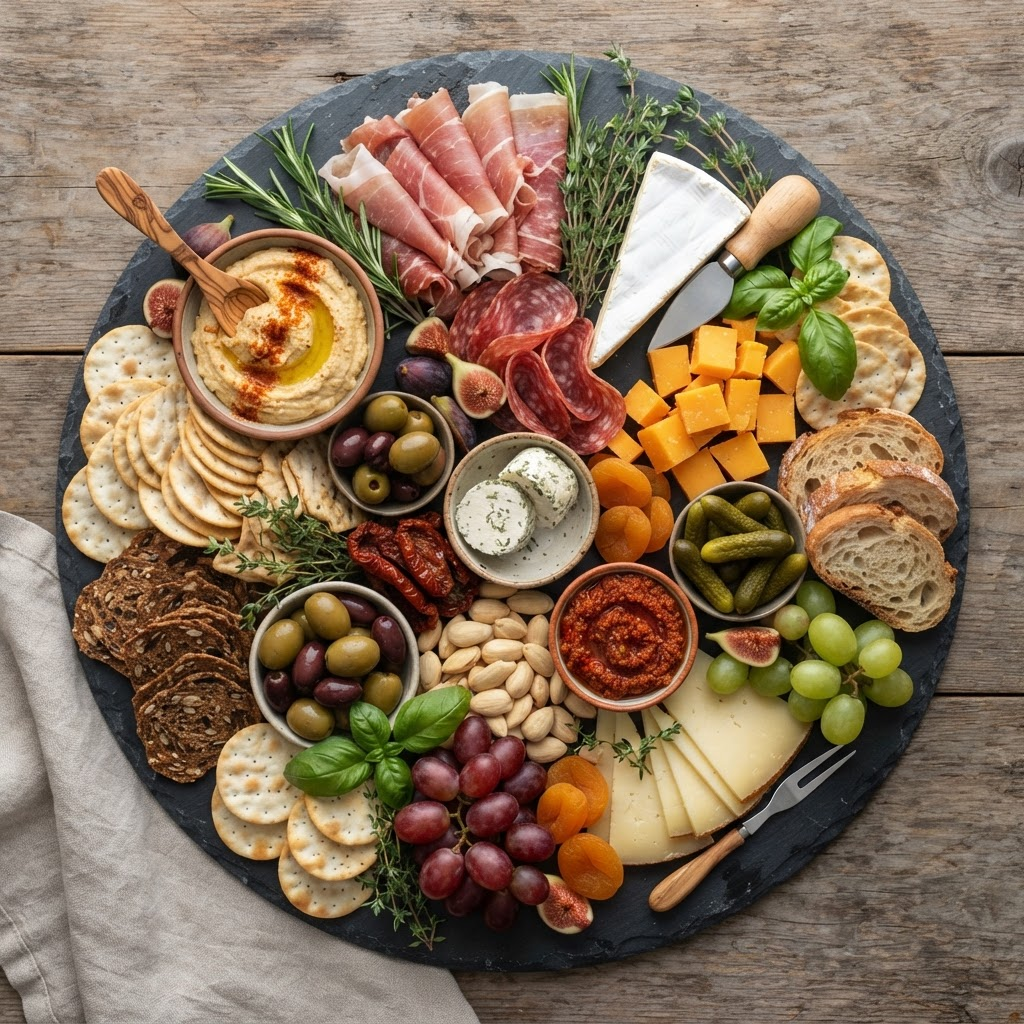 Beautiful savoury grazing platter with cheeses, cured meats and crackers