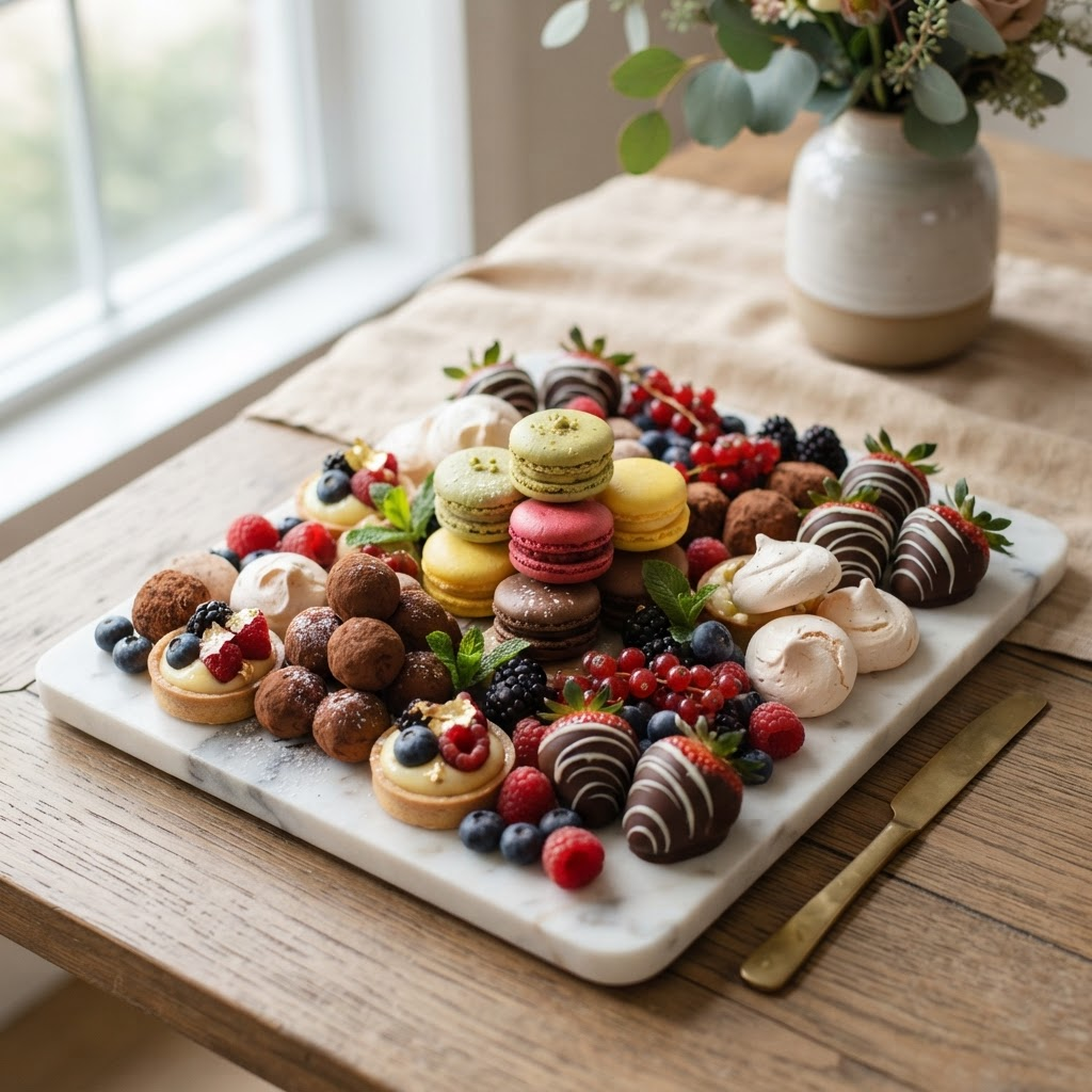 Elegant sweet dessert platter with macarons, berries and chocolate